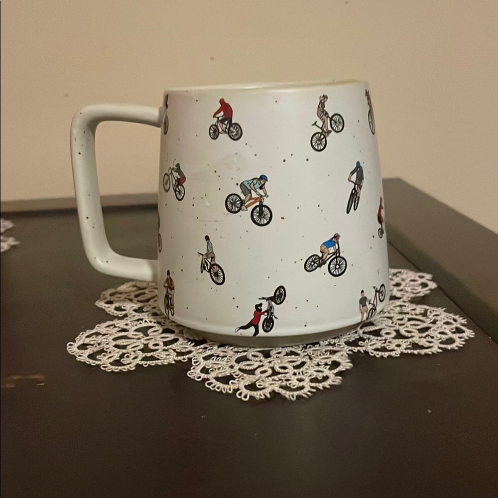 Artsy Em Ceramic Mug with Mountain Biking Bicyclist Print EUC Sold Out Online